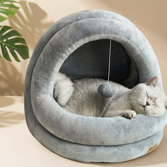 Luxury Cozy Pet Sanctuary - Warm & Secure Hideaway Nest for Cats and Small Dogs, Ultra-Soft Cuddle Cave with Playful Toy for Deep Sleep and Relaxation